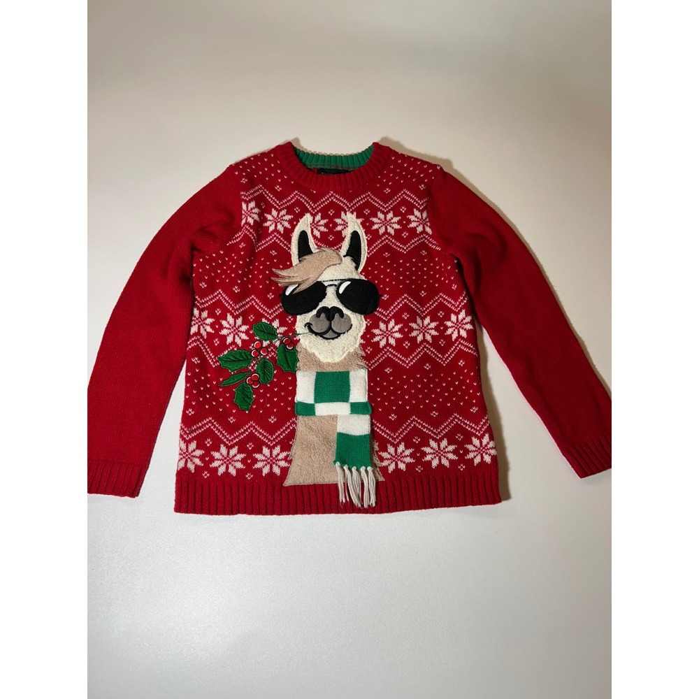 Blizzard Bay Sweater Boys M(10/12) Red Holiday Llama Sunglasses Fair Isle